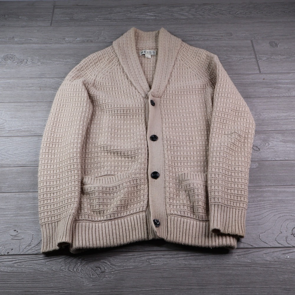Reiss Lambswool Shawl Collar Cardigan Men's S Beige Waffle Knit